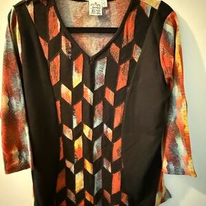 Parsley & Sage Black Long-Sleeve V-Neck Top with Orange Multi Geometric Panels